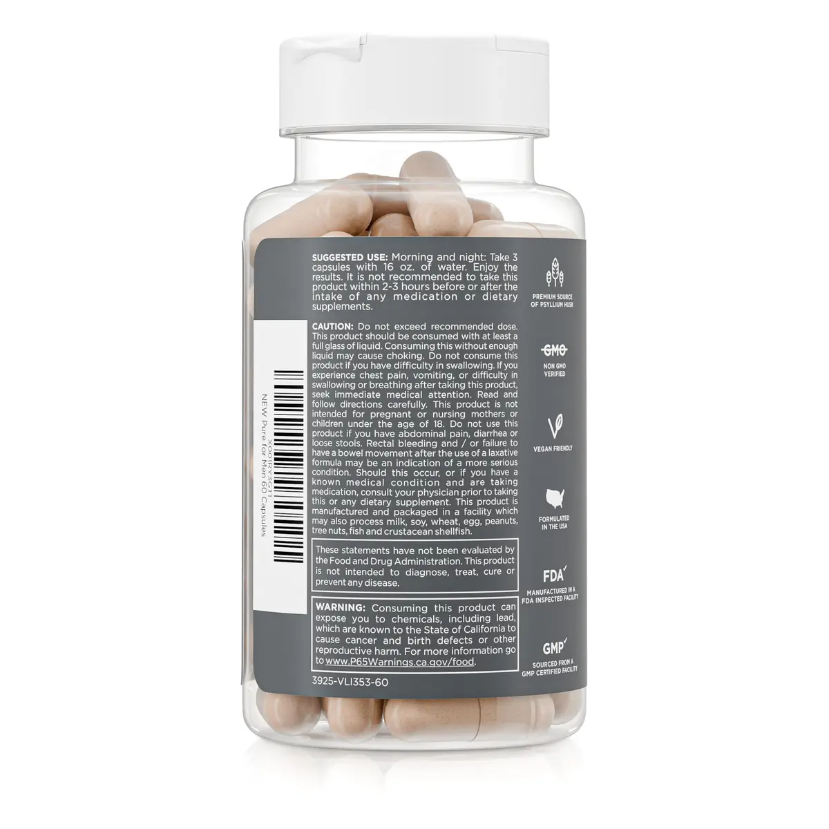 Pure for Men Stay Ready Fiber Supplement Psyllium Husk 60 Vegan Capsules | Supports Digestive Health & Regularity - view 3