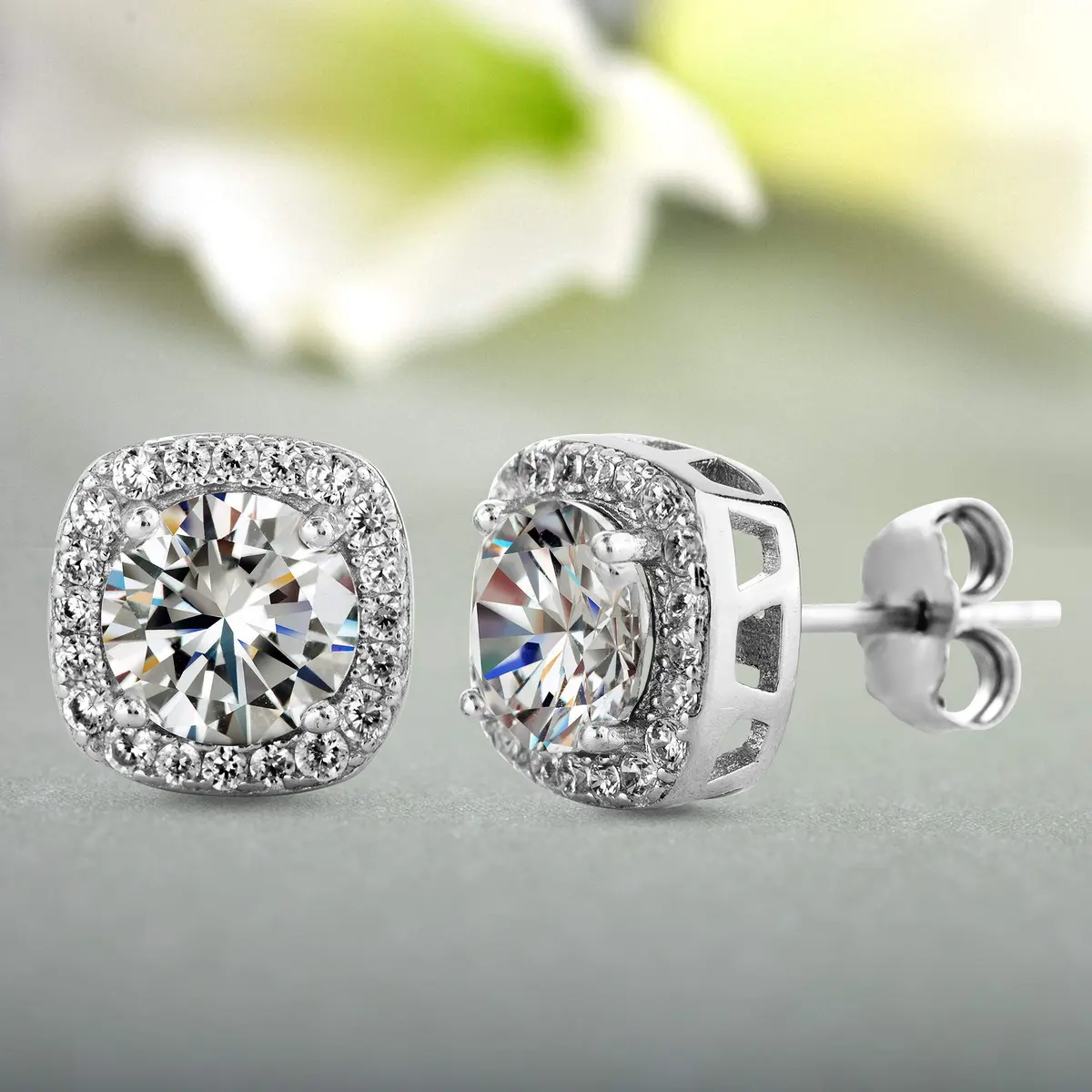 Devin Rose Square Halo Stud Earrings, White Rhodium Plated Brass | Elegant Crystal Jewelry for Women - view 7