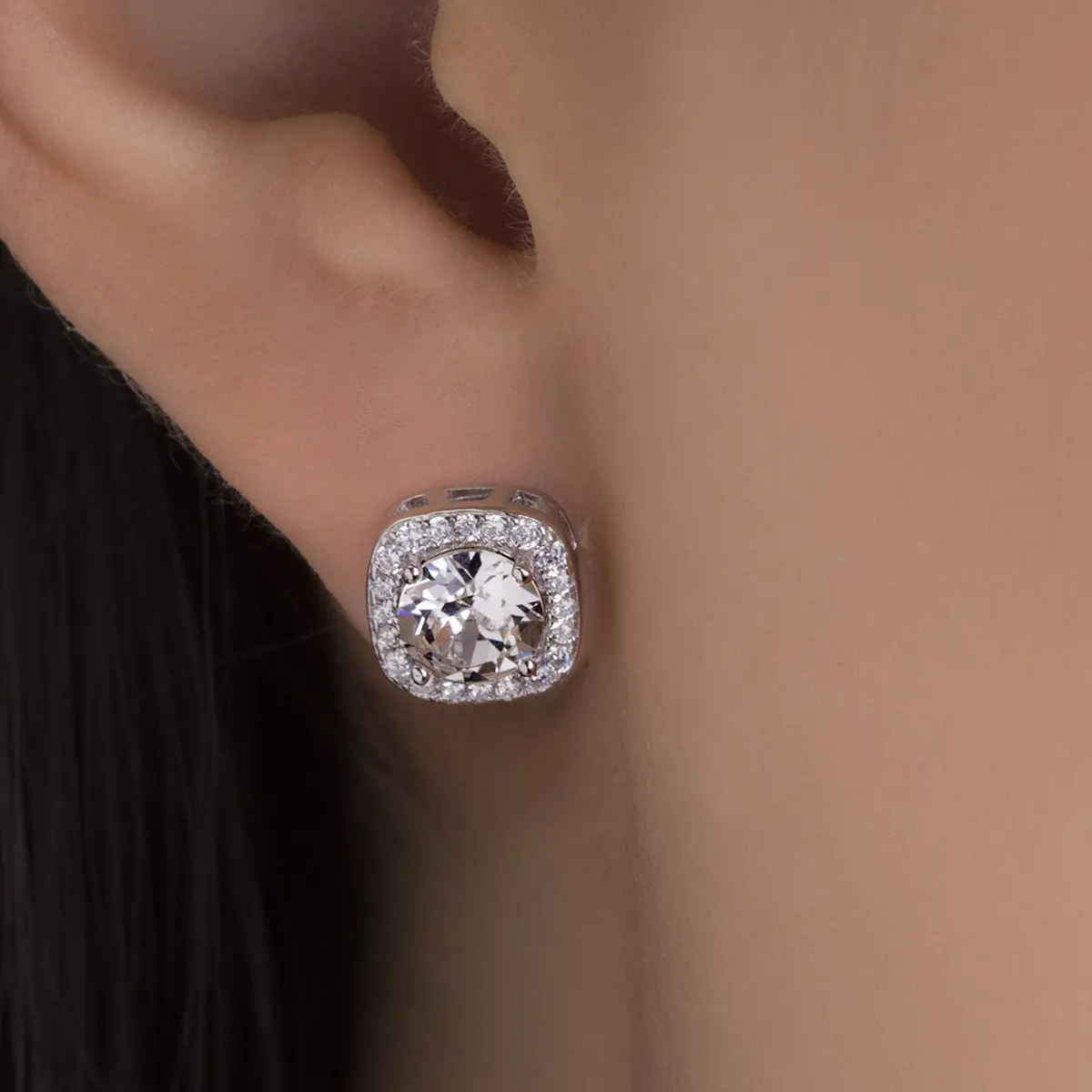Devin Rose Square Halo Stud Earrings, White Rhodium Plated Brass | Elegant Crystal Jewelry for Women - view 2