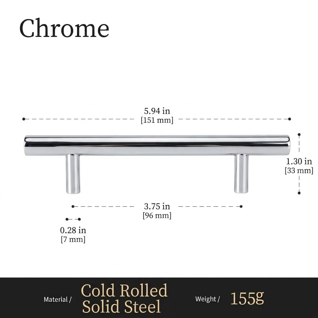 ALPINE HARDWARE PREMIUM SOLID Euro Style Bar Handle Pull-10Pack-3.75 In Hole Center & 6 1/8 In Length Heavy Stainless Steel Chrome - view 4