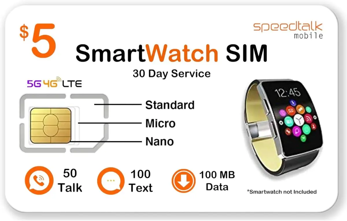 SpeedTalk Mobile $5 Prepaid Smart Watch SIM Card Kit | Triple Cut 3-in-1 SIM (Standard, Micro, Nano) | USA Coverage 30 Days Service - main product image
