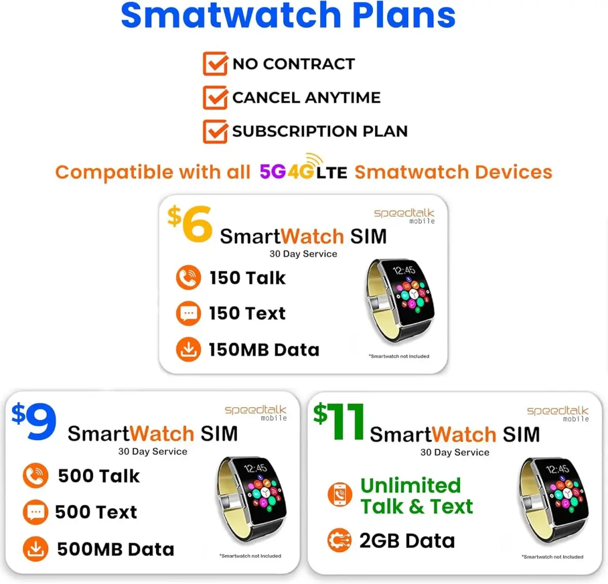SpeedTalk Mobile $5 Prepaid Smart Watch SIM Card Kit | Triple Cut 3-in-1 SIM (Standard, Micro, Nano) | USA Coverage 30 Days Service - view 5