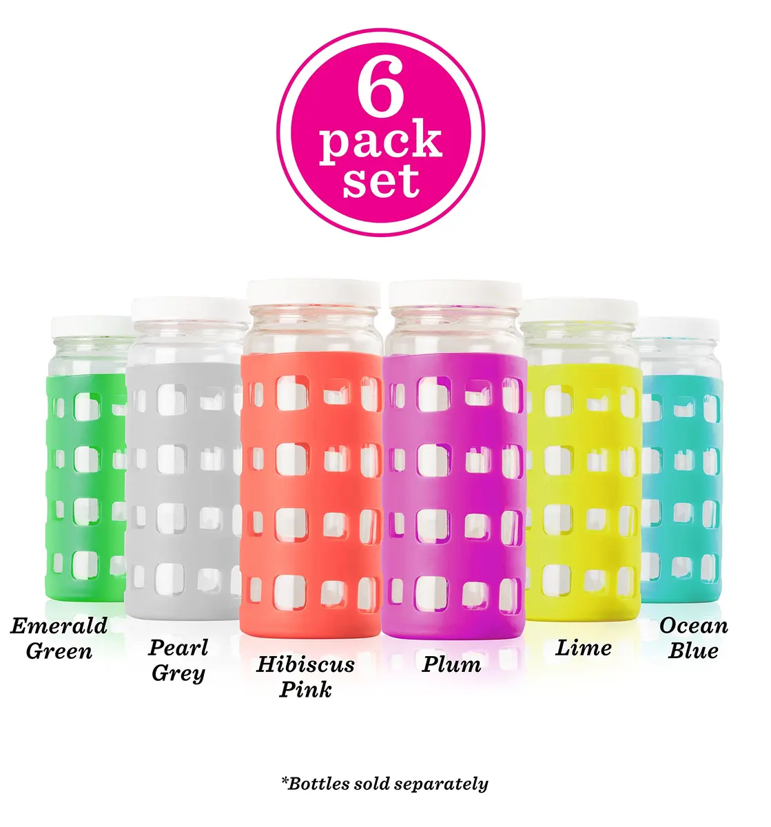 All About Juicing Silicone Glass Water Bottle Sleeves - 6-Pack 16oz - Anti-Slip Insulating Cover for Beverages - view 3