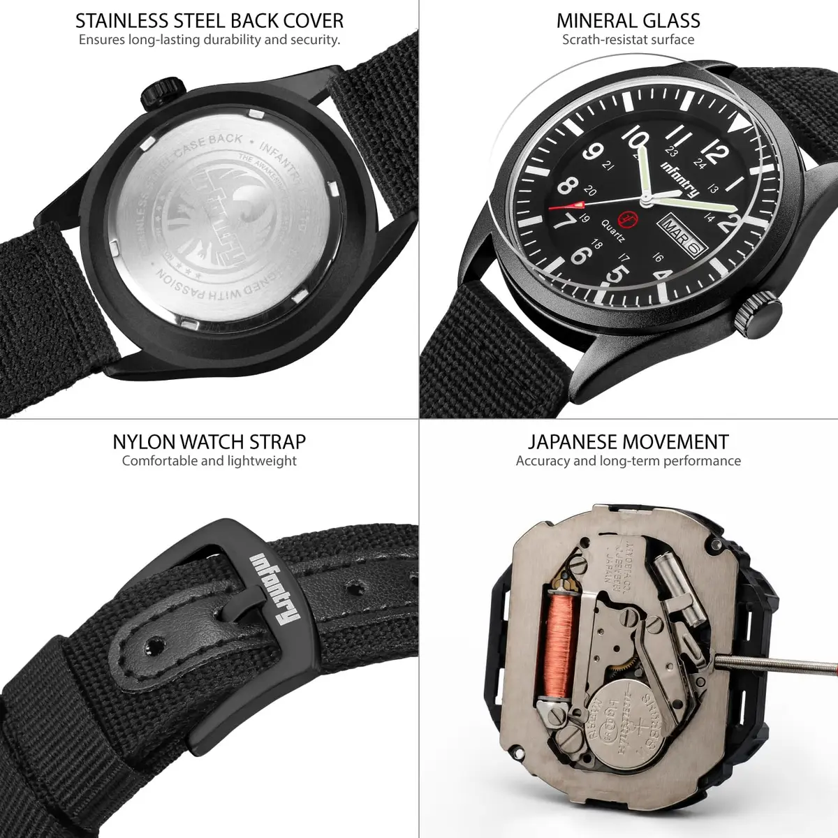 Infantry Men's Military Field Watch 40mm Black Nylon Band | 12/24H Analog Quartz - view 5