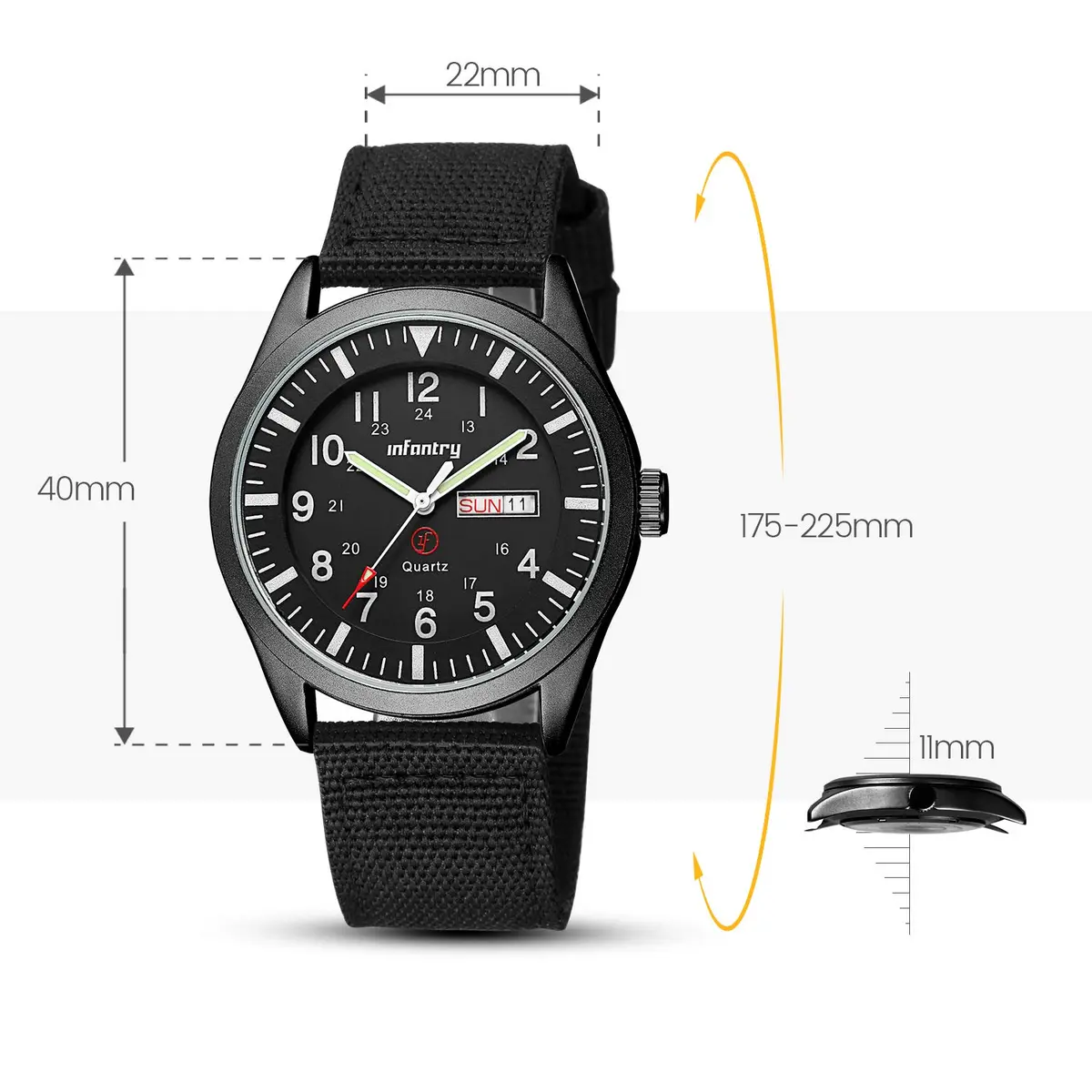 Infantry Men's Military Field Watch 40mm Black Nylon Band | 12/24H Analog Quartz - view 6