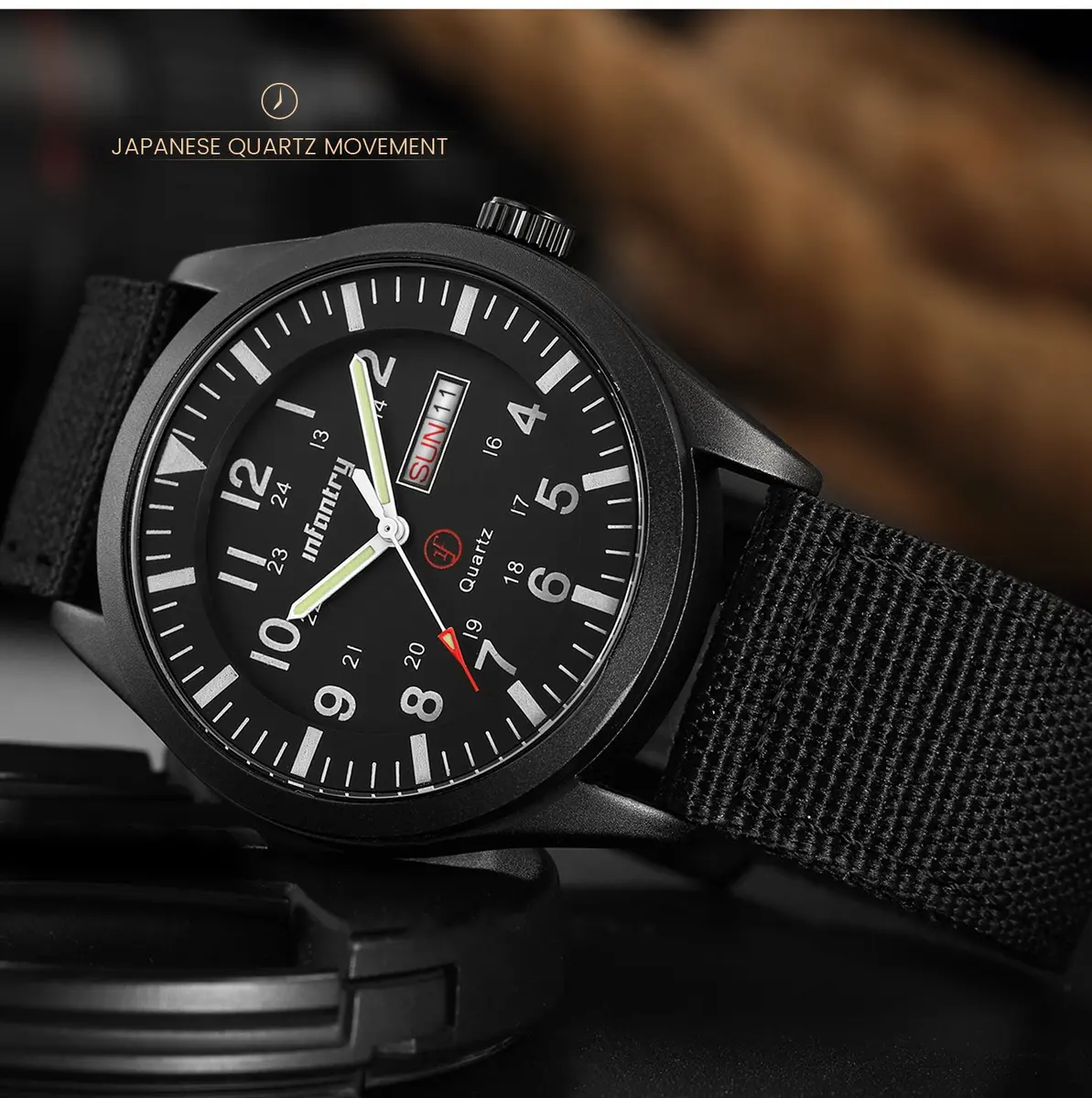 Infantry Men's Military Field Watch 40mm Black Nylon Band | 12/24H Analog Quartz - view 7