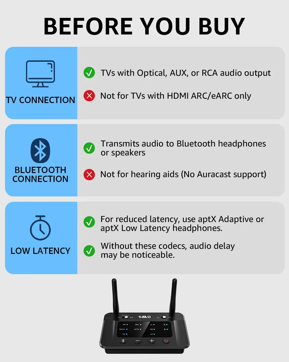 1Mii B03 Bluetooth 5.3 Transmitter Receiver for TV Home Stereo | Long Range, aptX HD & Dual Link - view 3