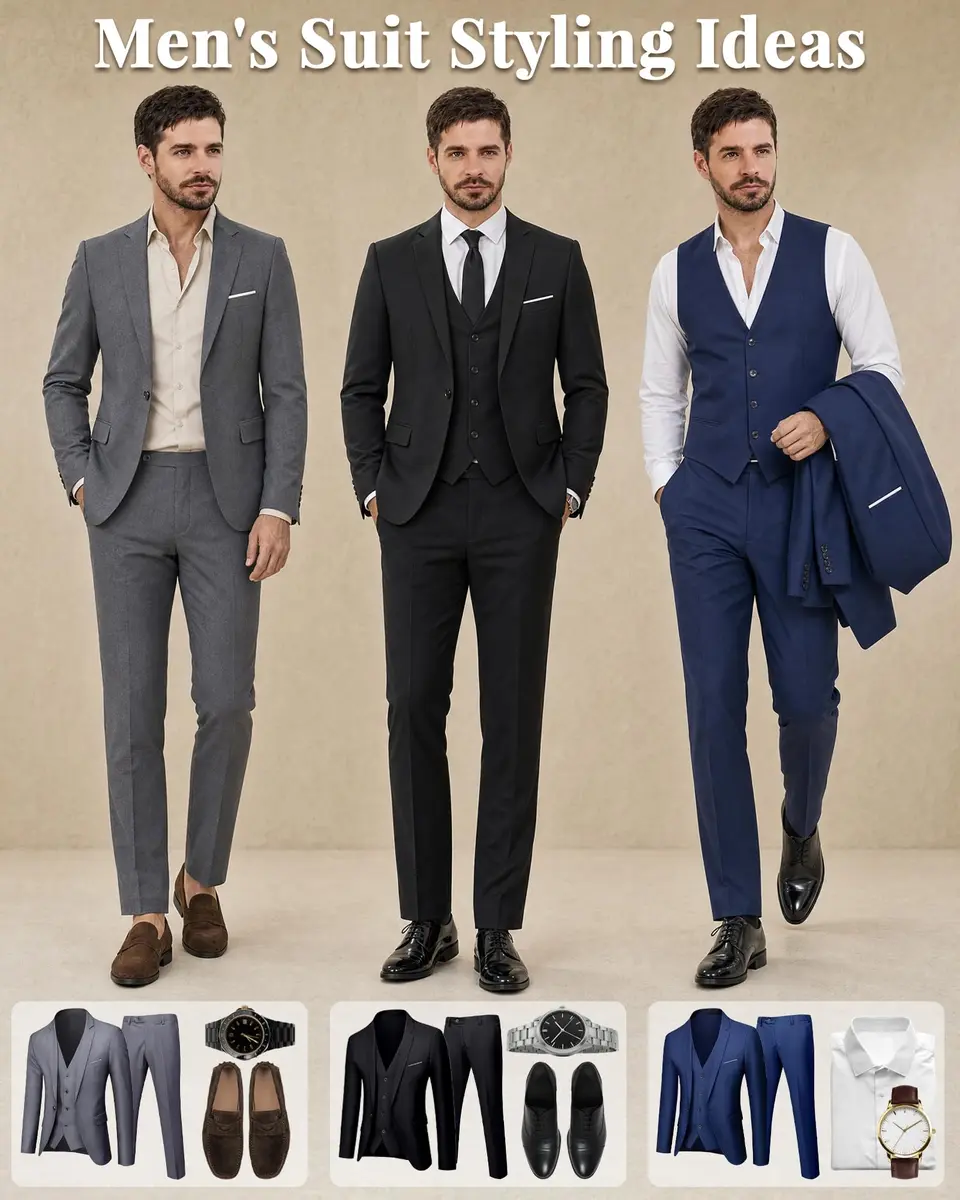MY'S Men's 3 Piece Slim Fit Suit with Tie, Solid COLOR Jacket Vest and Pant | Modern Fit, Polyester Blend, Deep Blue - view 4