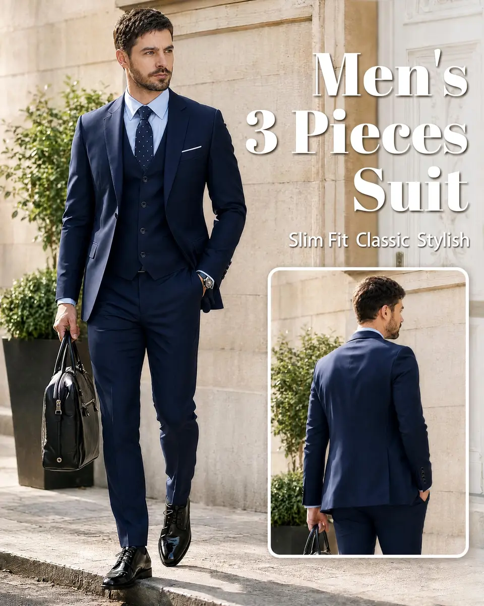 MY'S Men's 3 Piece Slim Fit Suit with Tie, Solid COLOR Jacket Vest and Pant | Modern Fit, Polyester Blend, Deep Blue - view 2
