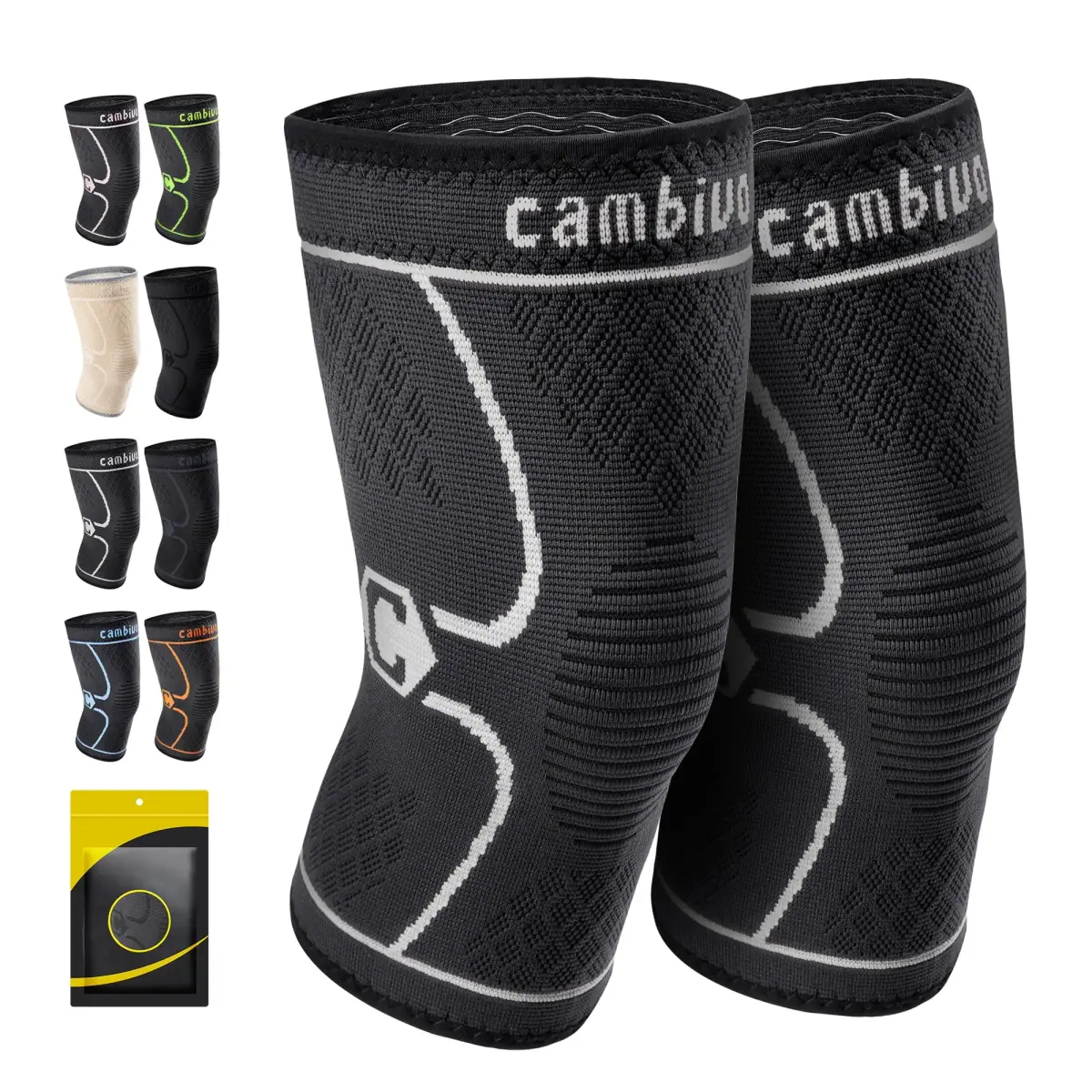 CAMBIVO 2 Pack Knee Brace Compression Sleeve for Men & Women, Gray X-Large | FDA Approved Orthopedic Brace - main product image