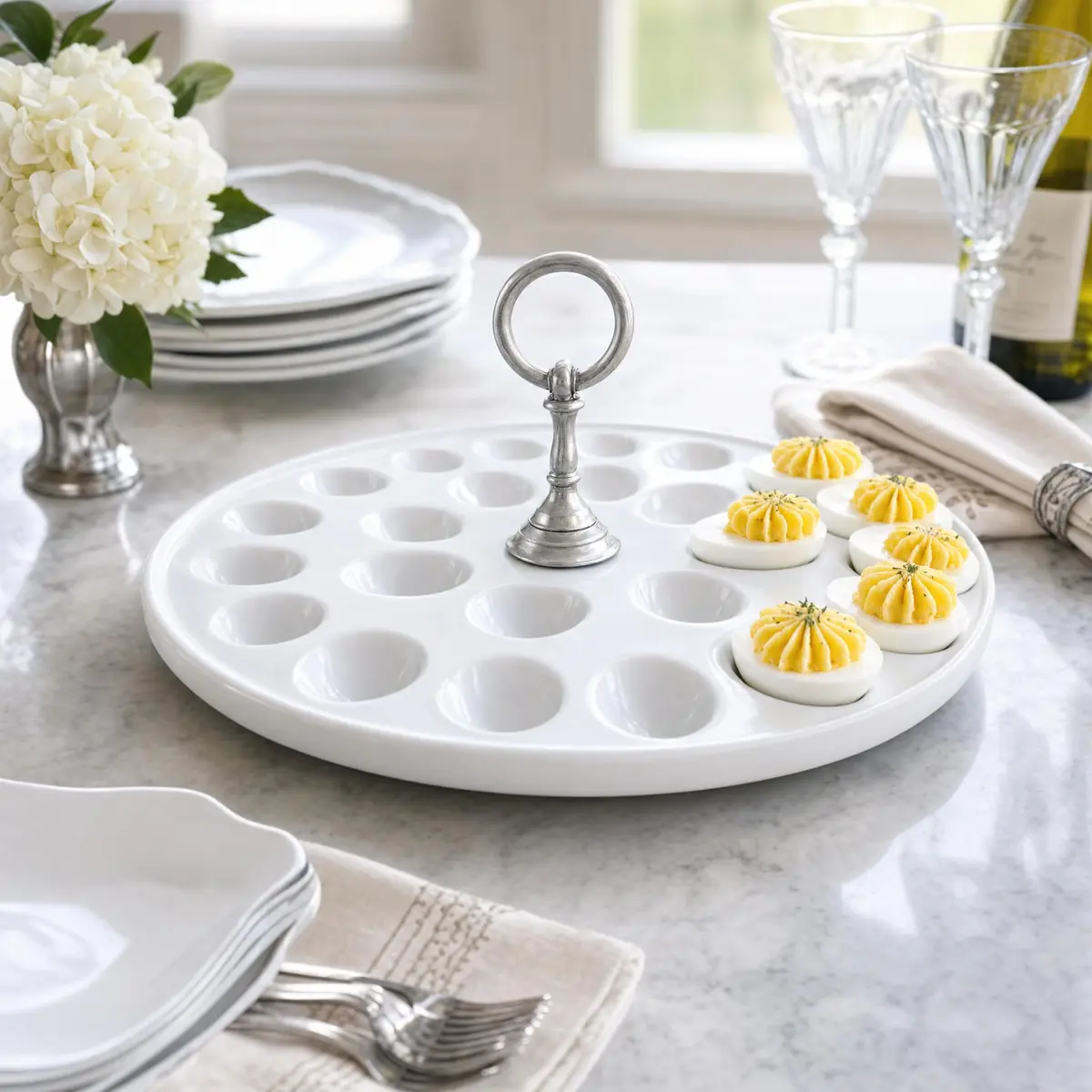 Vagabond House Deviled Egg Tray with Pewter Handle | Elegant Stoneware Serving Plate - 13 Inch Diameter - view 5