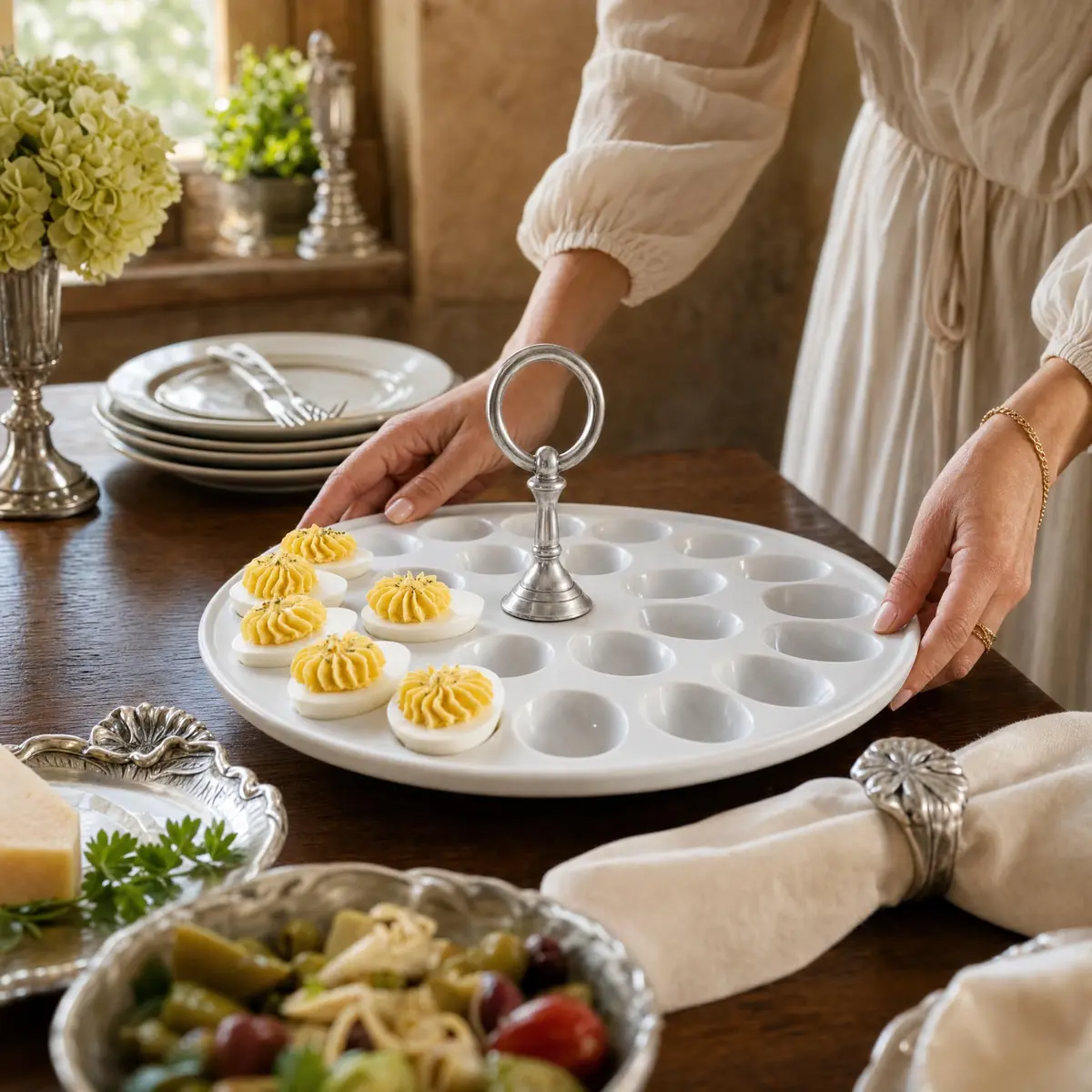 Vagabond House Deviled Egg Tray with Pewter Handle | Elegant Stoneware Serving Plate - 13 Inch Diameter - view 6