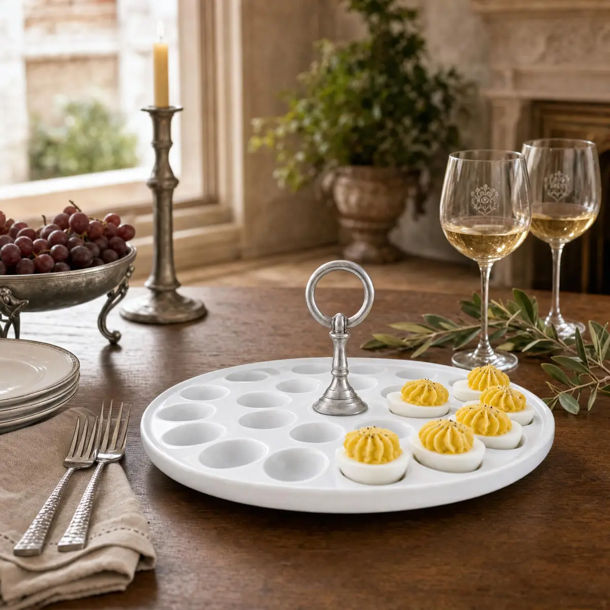 Vagabond House Deviled Egg Tray with Pewter Handle | Elegant Stoneware Serving Plate - 13 Inch Diameter - view 7