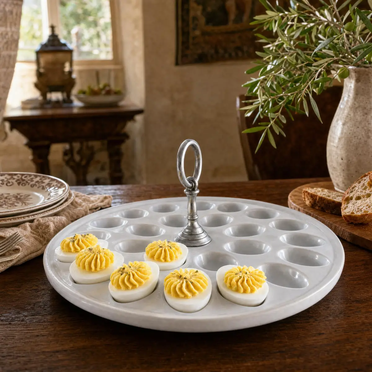 Vagabond House Deviled Egg Tray with Pewter Handle | Elegant Stoneware Serving Plate - 13 Inch Diameter - view 8