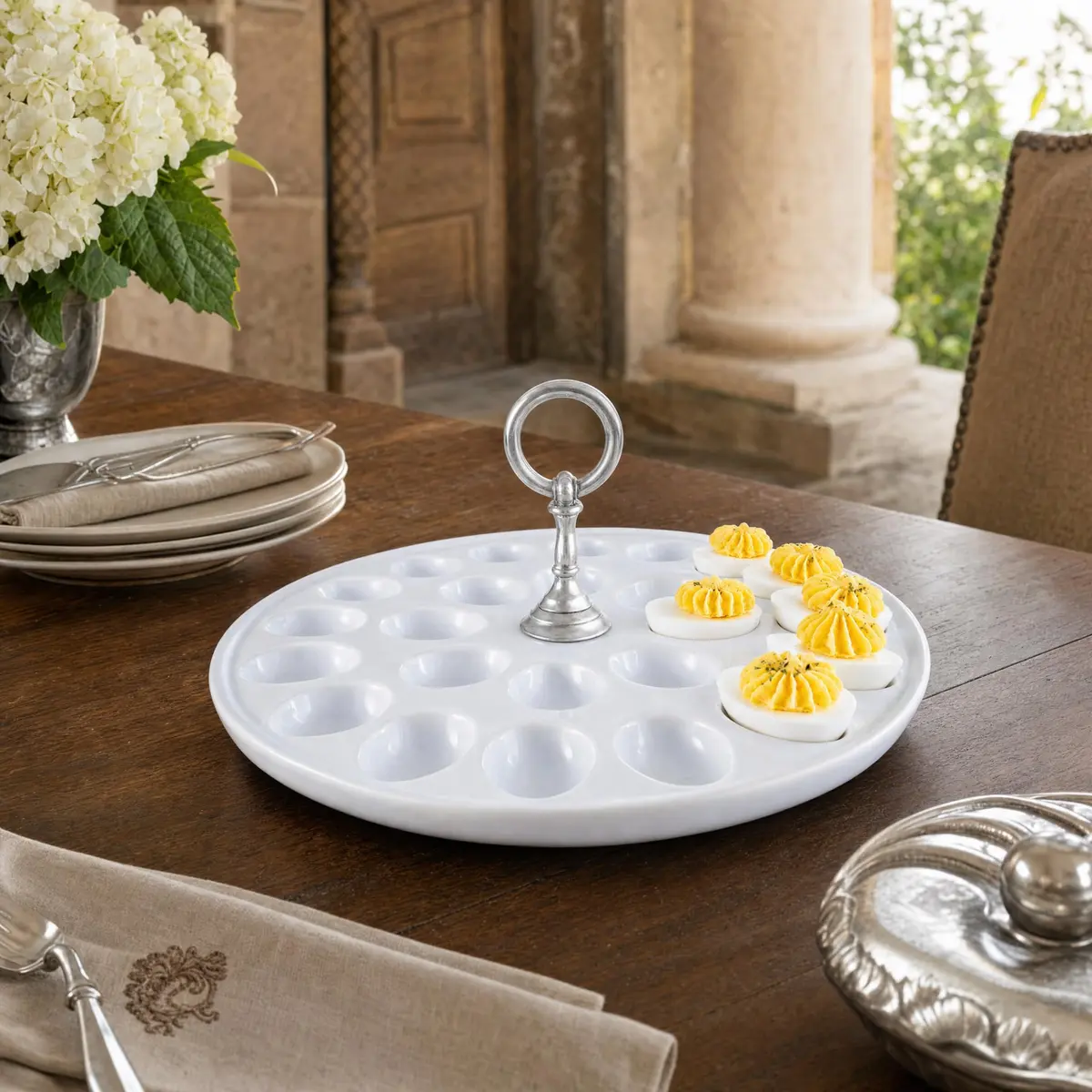 Vagabond House Deviled Egg Tray with Pewter Handle | Elegant Stoneware Serving Plate - 13 Inch Diameter - view 9