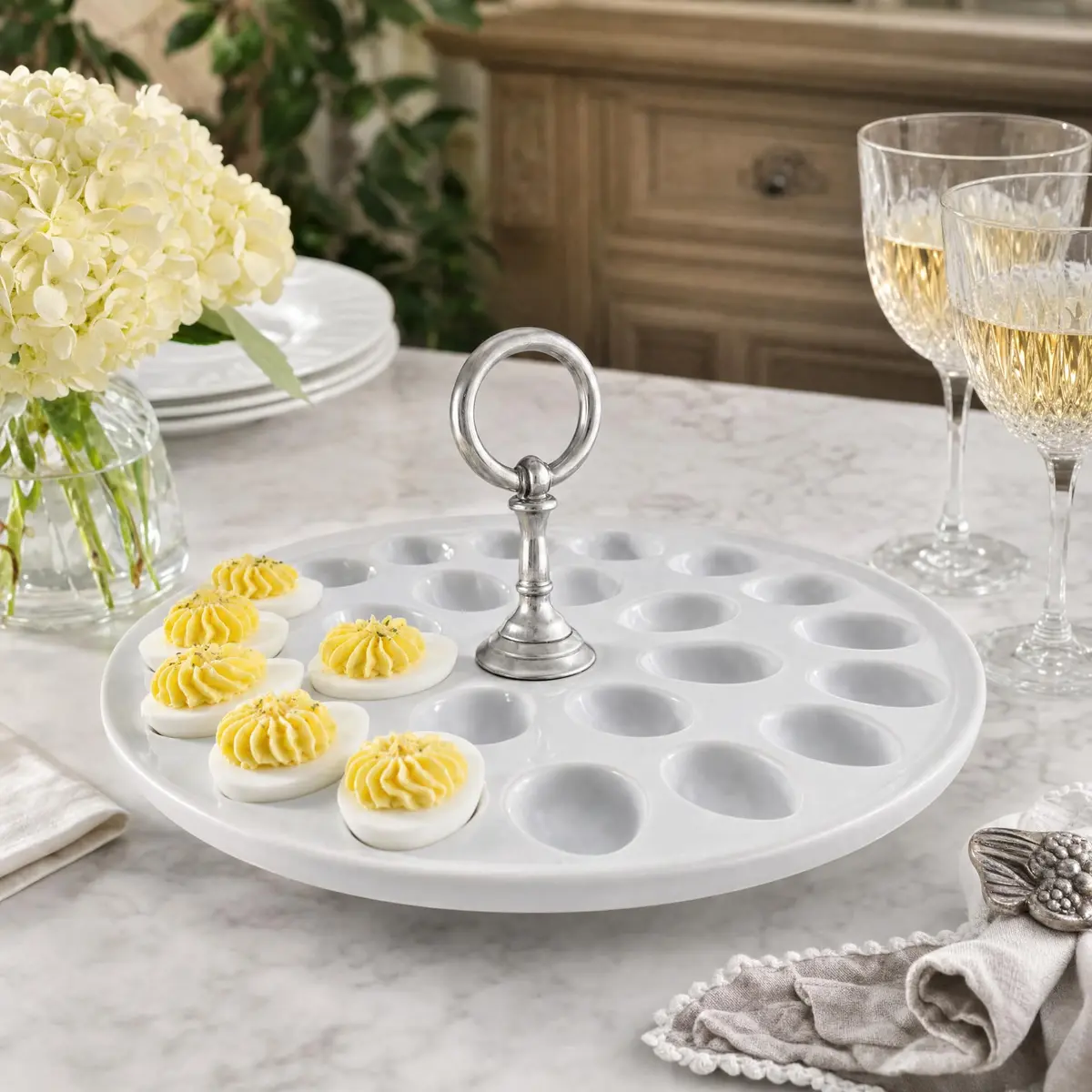 Vagabond House Deviled Egg Tray with Pewter Handle | Elegant Stoneware Serving Plate - 13 Inch Diameter - view 2