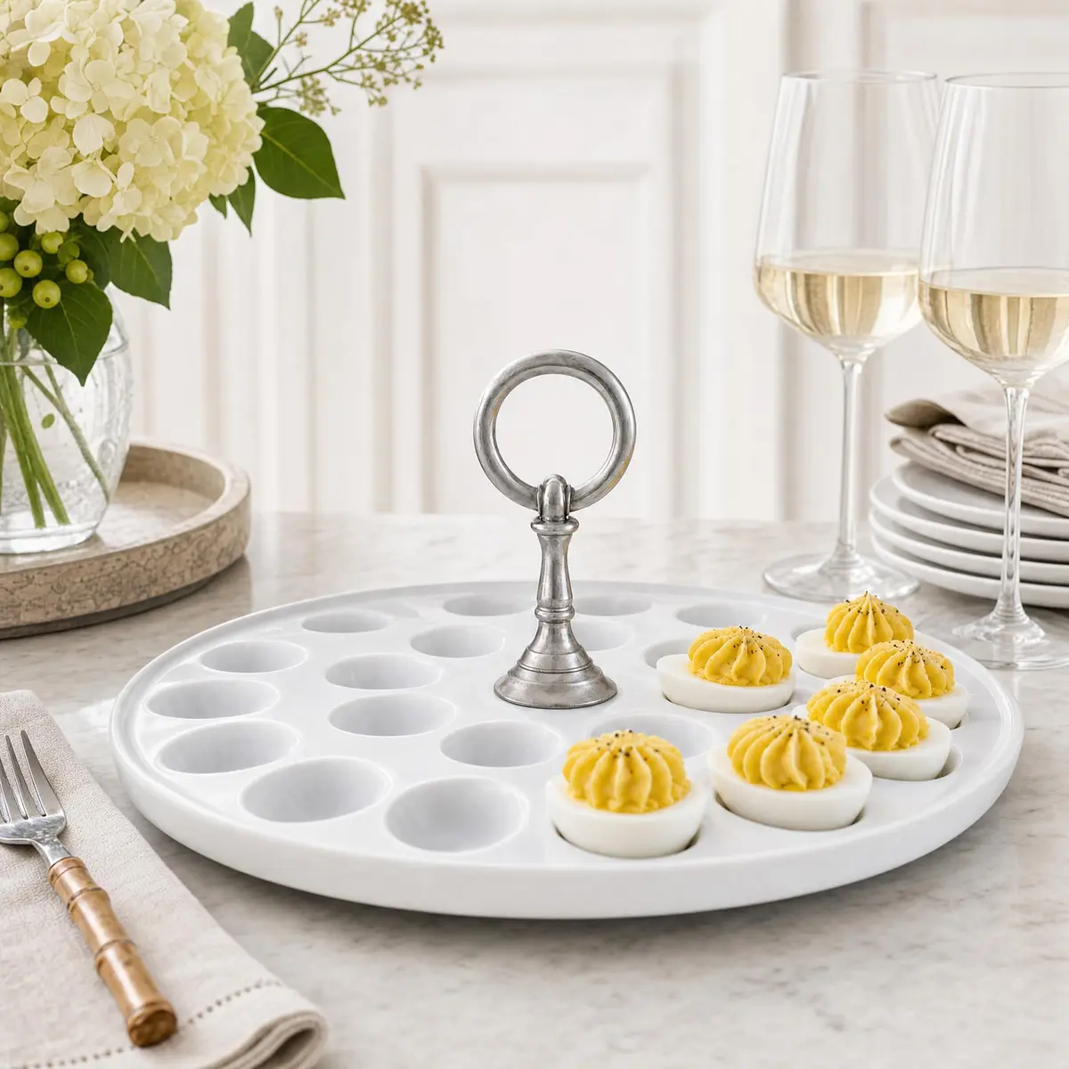 Vagabond House Deviled Egg Tray with Pewter Handle | Elegant Stoneware Serving Plate - 13 Inch Diameter - view 3