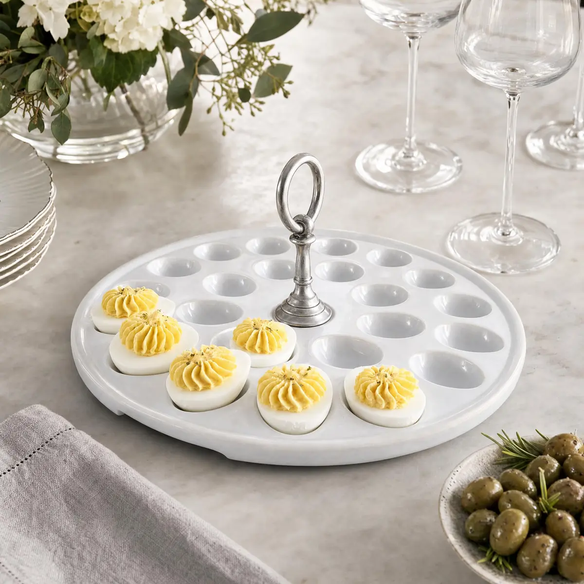 Vagabond House Deviled Egg Tray with Pewter Handle | Elegant Stoneware Serving Plate - 13 Inch Diameter - view 4
