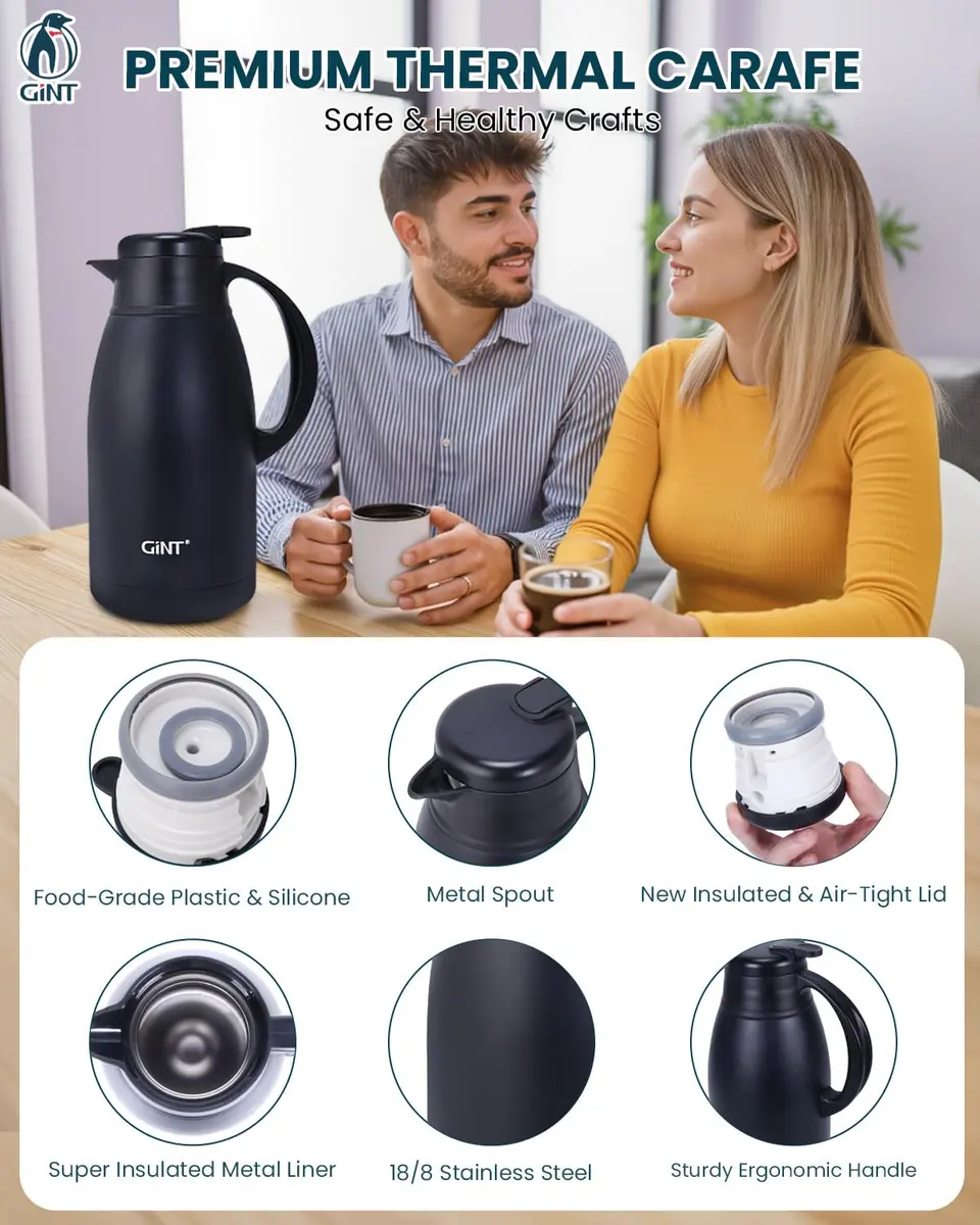 GiNT Stainless Steel Thermal Coffee Carafe 65oz | 12 Hour Heat Retention, Double Walled Vacuum Insulated, Black - view 8