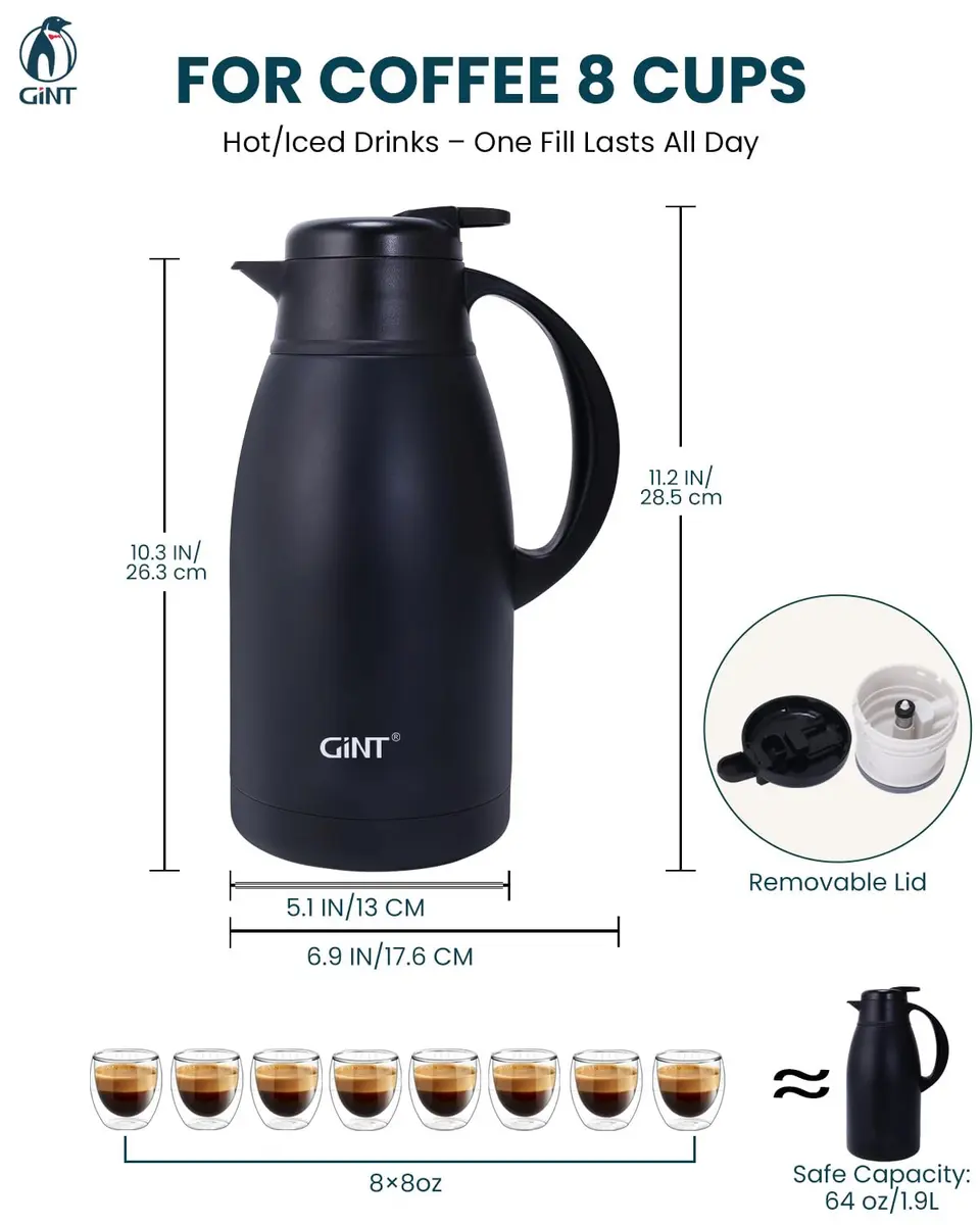 GiNT Stainless Steel Thermal Coffee Carafe 65oz | 12 Hour Heat Retention, Double Walled Vacuum Insulated, Black - view 3