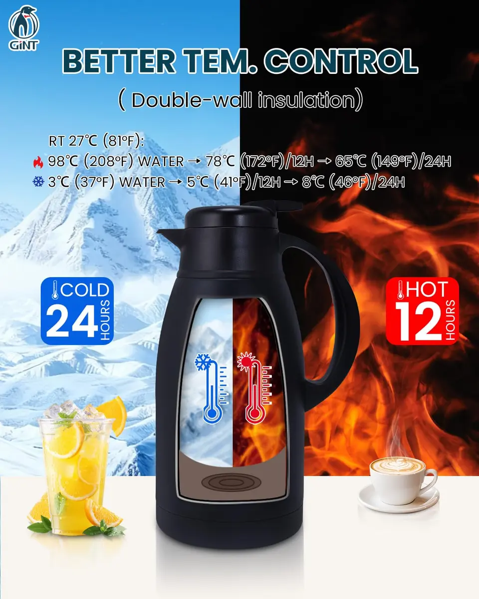 GiNT Stainless Steel Thermal Coffee Carafe 65oz | 12 Hour Heat Retention, Double Walled Vacuum Insulated, Black - view 4