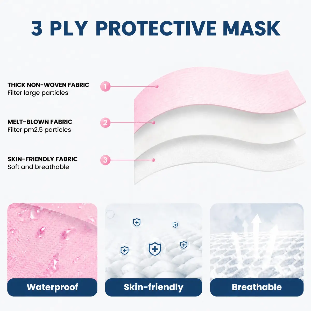 Wecolor 100 Pcs Pink Disposable Face Mask | 3 Ply Breathable Non-Woven Fabric with Adjustable Nose Wire - view 2
