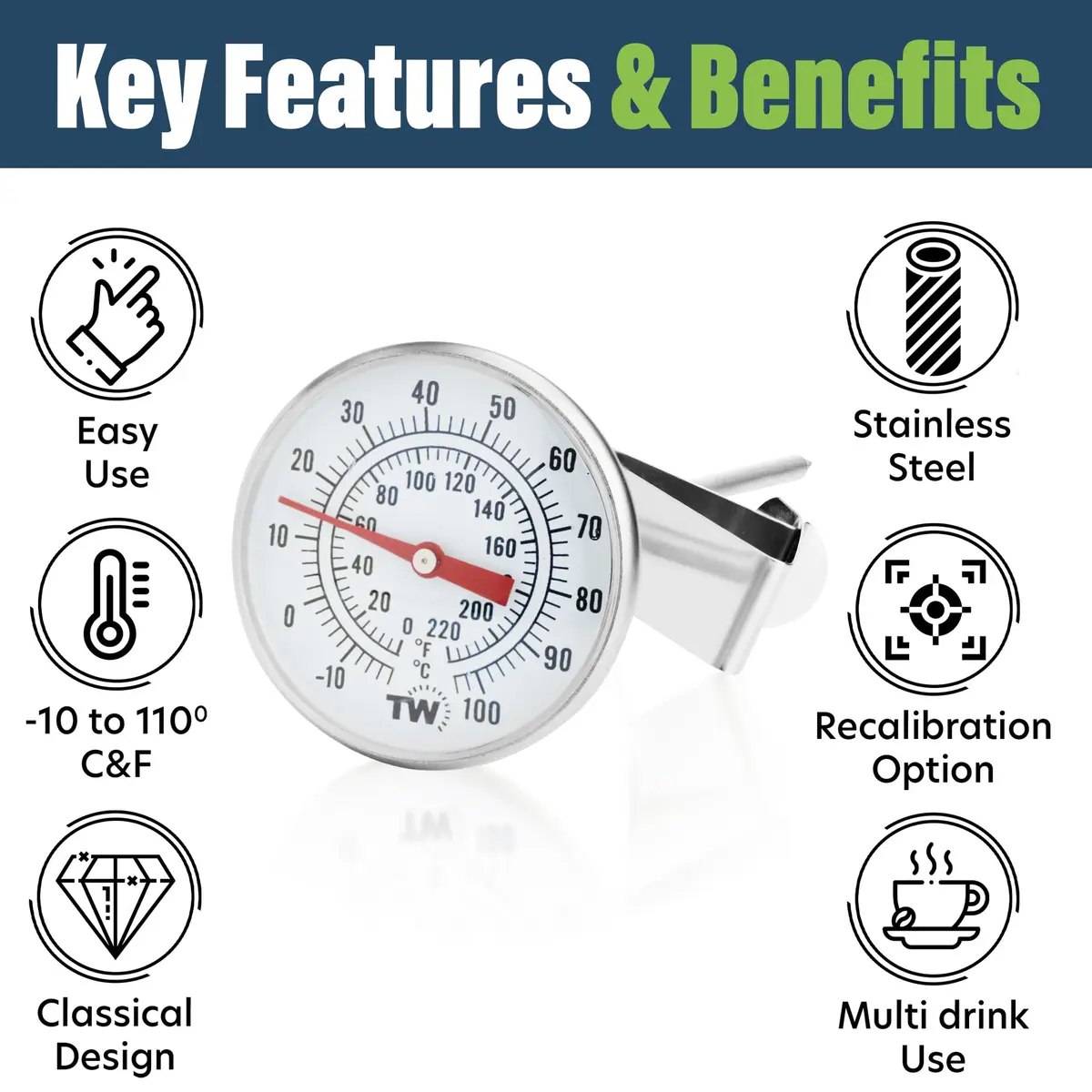 Thermometer World Milk Thermometer for Coffee, Cheese & Yogurt Making - 16.5cm (6.5 Inch) Probe, -10 to 110°C Range | Accurate Analog Dial for Baristas - view 2