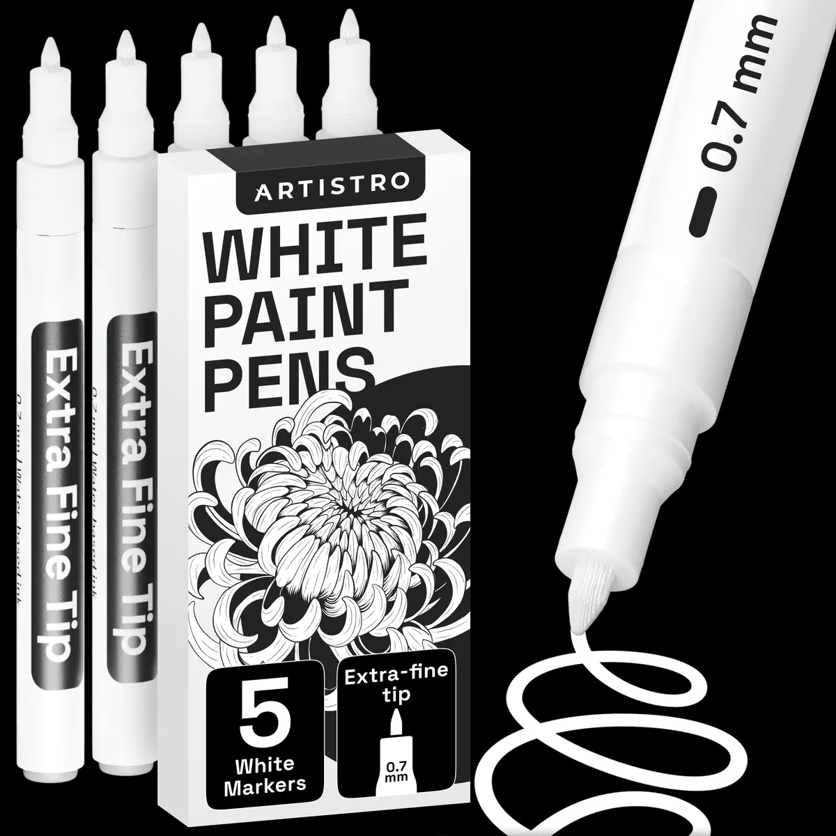 ARTISTRO 5 White Paint Pens for Rock, Glass, Ceramic, Wood, Tire, Fabric, Metal, Canvas, Marking, Painting - Set of 5 Acrylic Paint Markers Water-based - main product image