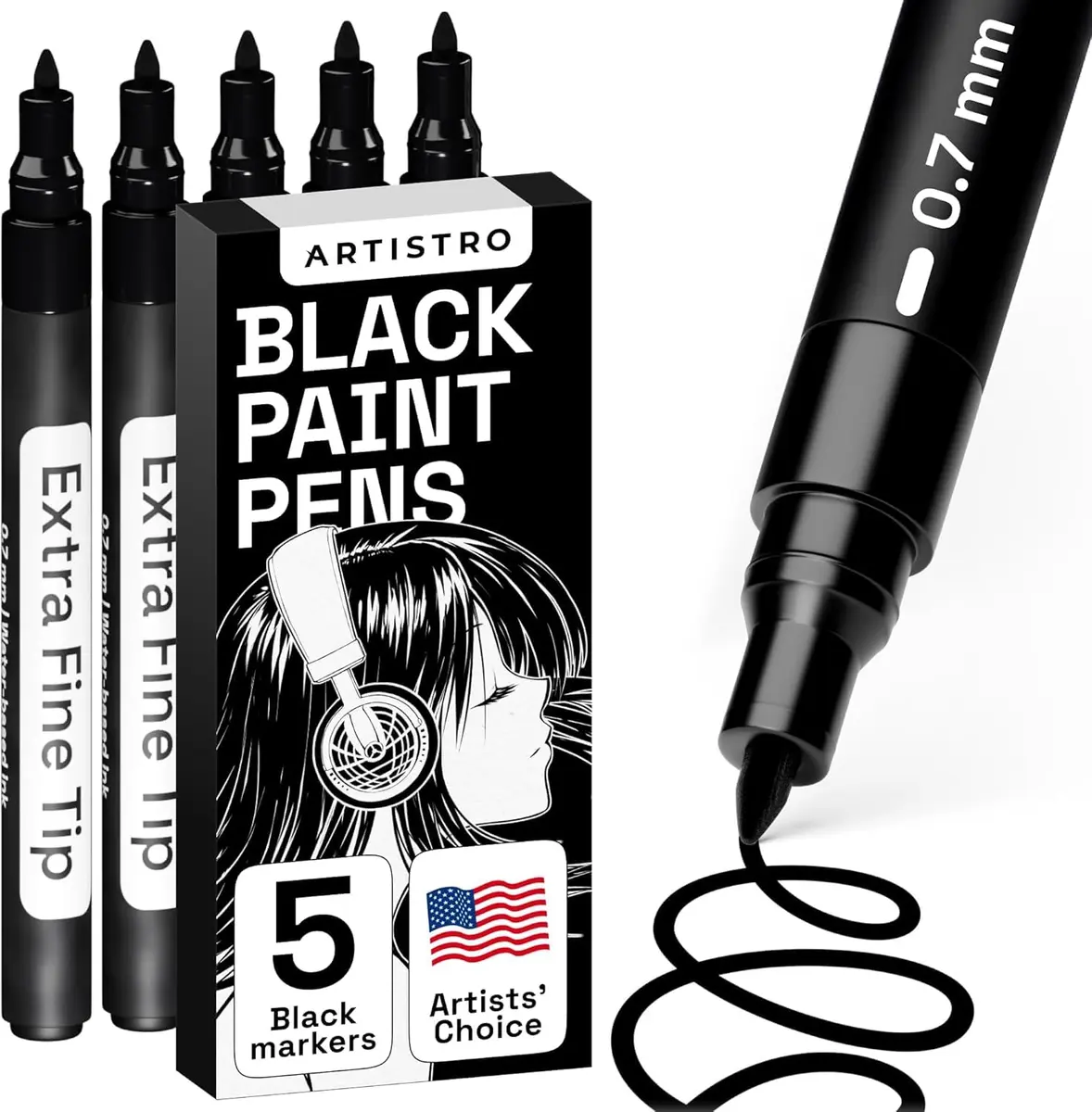 ARTISTRO Black Paint Pens Extra-Fine Tip Set of 5 | ASTM D-4236 Certified - main product image