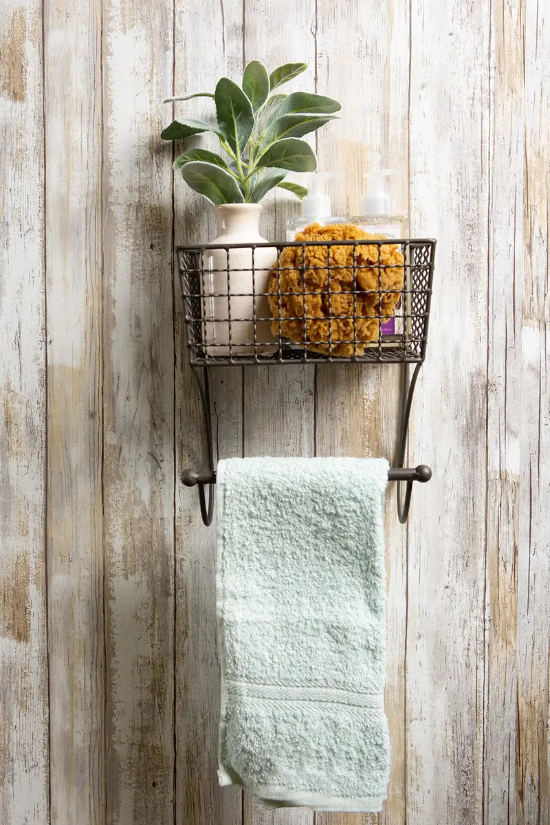 DII Rustic Metal Towel Bar with Storage Basket 26.3cm (10.3" Overall Height) | Wall Mounted for Small Bathrooms - view 5