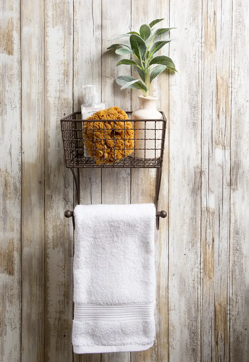 DII Rustic Metal Towel Bar with Storage Basket 26.3cm (10.3" Overall Height) | Wall Mounted for Small Bathrooms - view 6