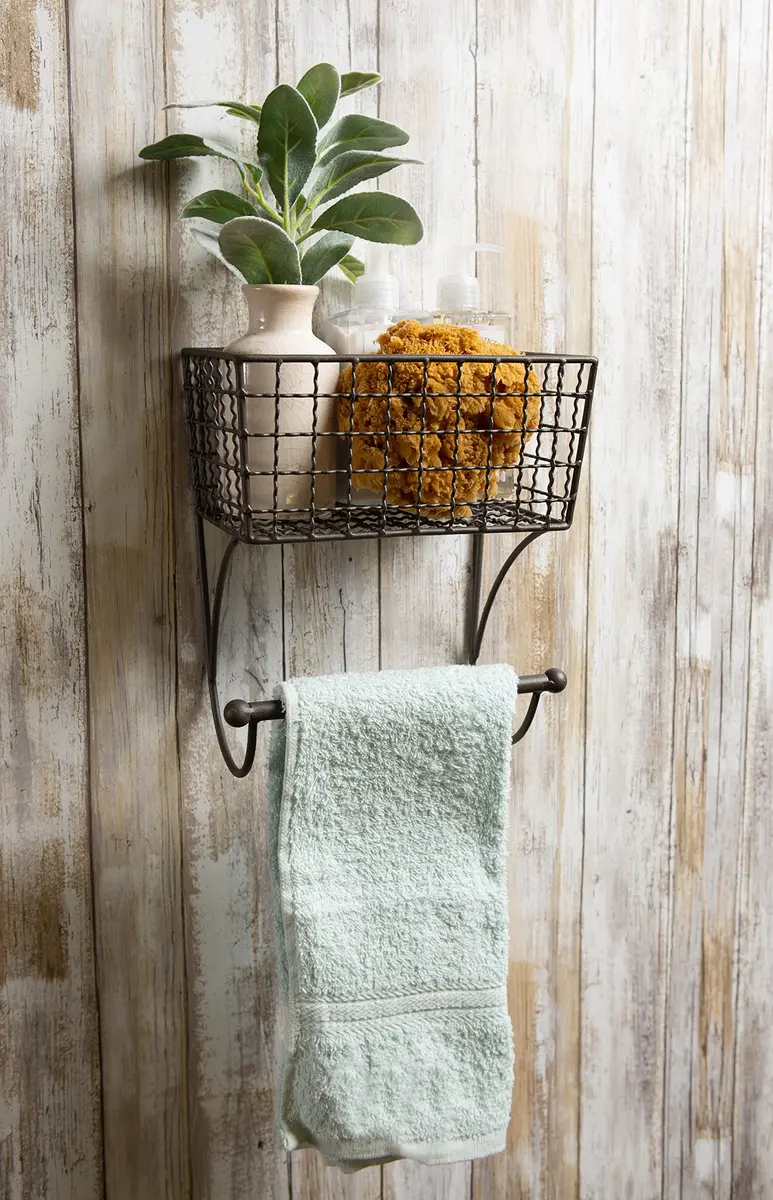 DII Rustic Metal Towel Bar with Storage Basket 26.3cm (10.3" Overall Height) | Wall Mounted for Small Bathrooms - view 4