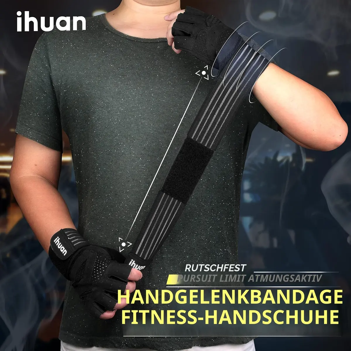 ihuan Ventilated Weight Lifting Gym Workout Gloves with Wrist Wrap Support, Medium, 3oz (85g) | Full Palm Protection for Men & Women - view 2