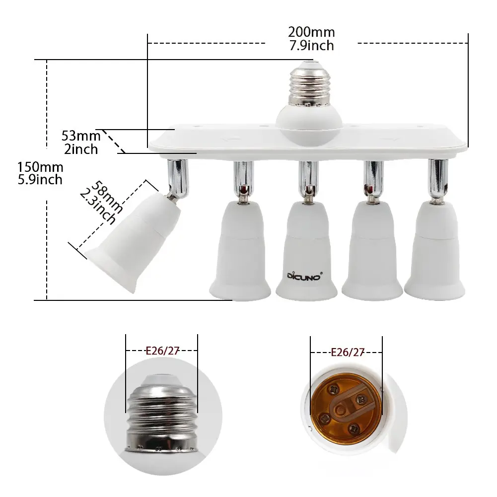 DiCUNO 5-Way E26 Light Socket Splitter Adapter, 5 in 1 Socket Converter with Adjustable Angles | 300W Max, 100-240V - view 2