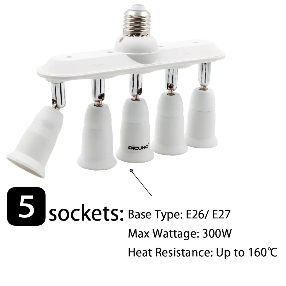 DiCUNO 5-Way E26 Light Socket Splitter Adapter, 5 in 1 Socket Converter with Adjustable Angles | 300W Max, 100-240V - view 3