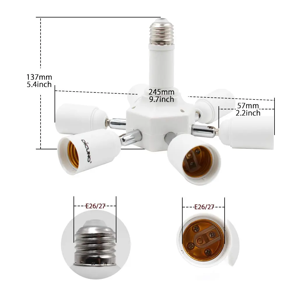 DiCUNO 7 Way E26 Light Socket Splitter Adapter, 7 in 1 Horizontal Design with Adjustable Angles | 420W Max Total - view 2