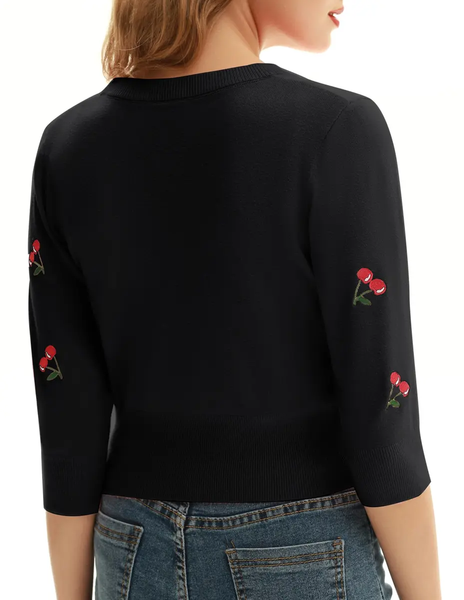 Belle Poque Women's Cropped Cardigan Sweater Black XL | Vintage Embroidery & 3/4 Sleeves - view 7