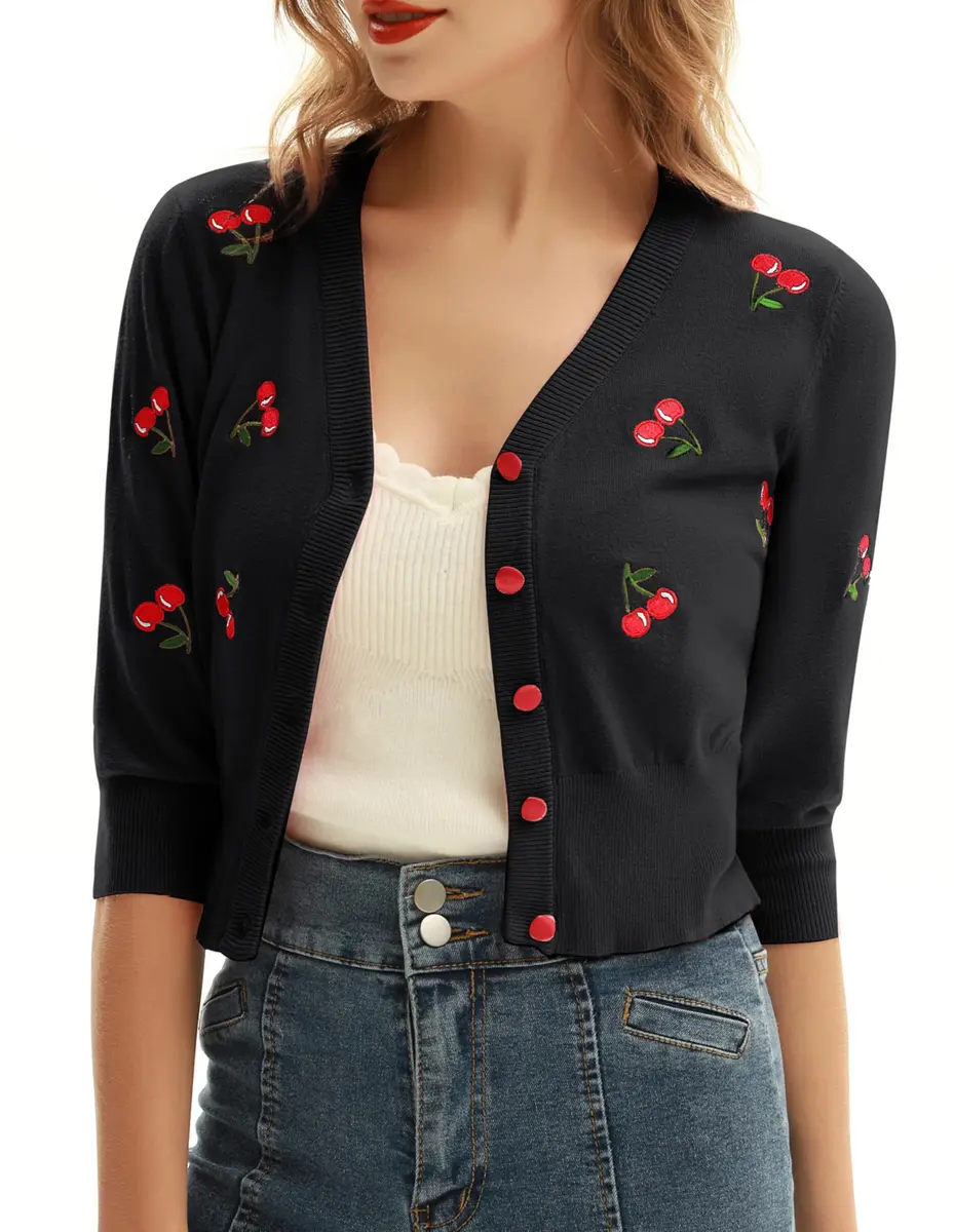 Belle Poque Women's Cropped Cardigan Sweater Black XL | Vintage Embroidery & 3/4 Sleeves - view 2