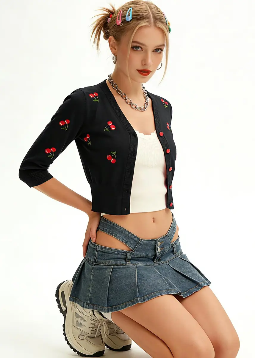 Belle Poque Women's Cropped Cardigan Sweater Black XL | Vintage Embroidery & 3/4 Sleeves - view 3