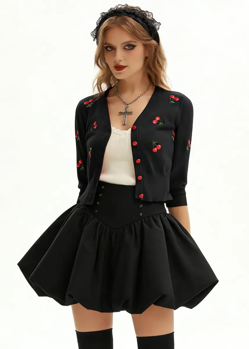 Belle Poque Women's Cropped Cardigan Sweater Black XL | Vintage Embroidery & 3/4 Sleeves - view 4