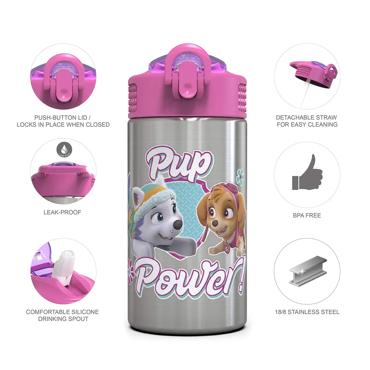 Zak Designs Paw Patrol Skye Stainless Steel Water Bottle 450ml (15.5 oz) | Leak-Proof Straw Spout for Kids - view 3