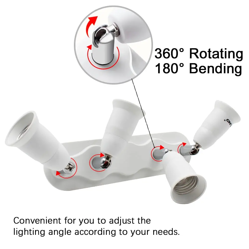 DiCUNO 4-Way E26 Light Socket Splitter Adapter, 240W Max, 100-240V | Adjustable Angle White - view 4