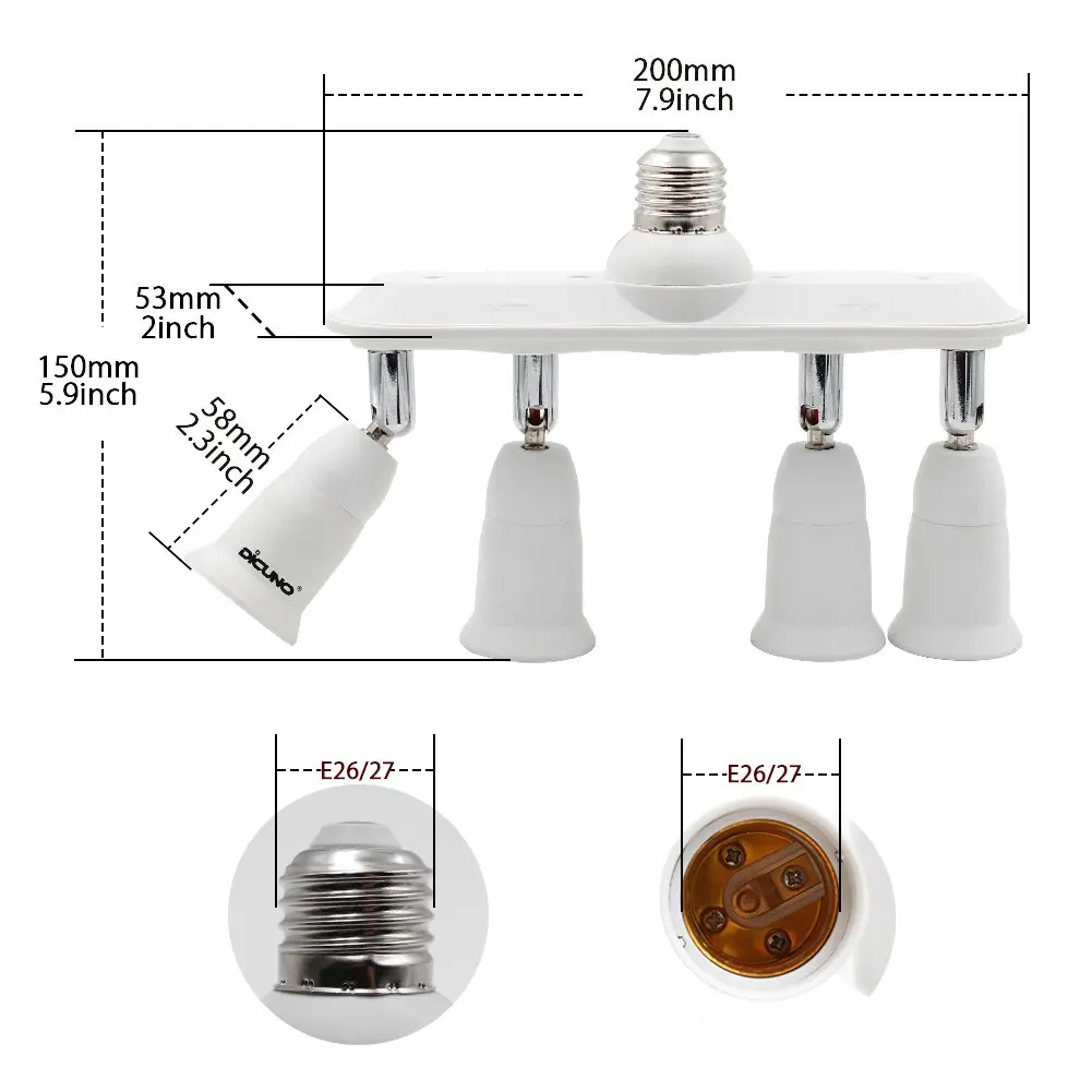 DiCUNO 4-Way E26 Light Socket Splitter Adapter, 240W Max, 100-240V | Adjustable Angle White - view 2