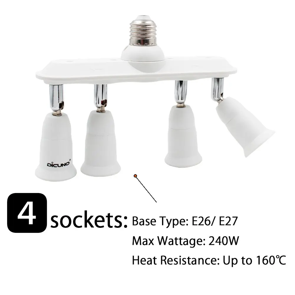 DiCUNO 4-Way E26 Light Socket Splitter Adapter, 240W Max, 100-240V | Adjustable Angle White - view 3