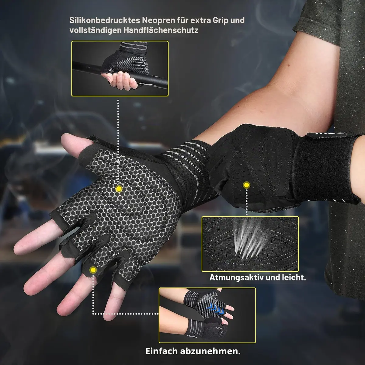 ihuan Ventilated Weight Lifting Gym Workout Gloves with Wrist Wrap Support XL Black | Full Palm Protection & Breathable Mesh - view 4