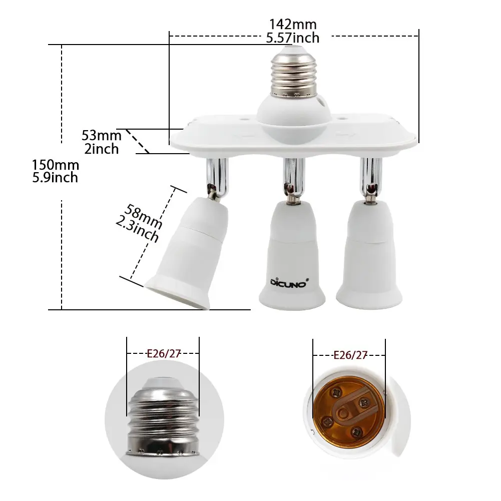 DiCUNO 3 Way E26 Light Socket Splitter Adapter, 180W Max, 100-240V | Adjustable Angle - view 2