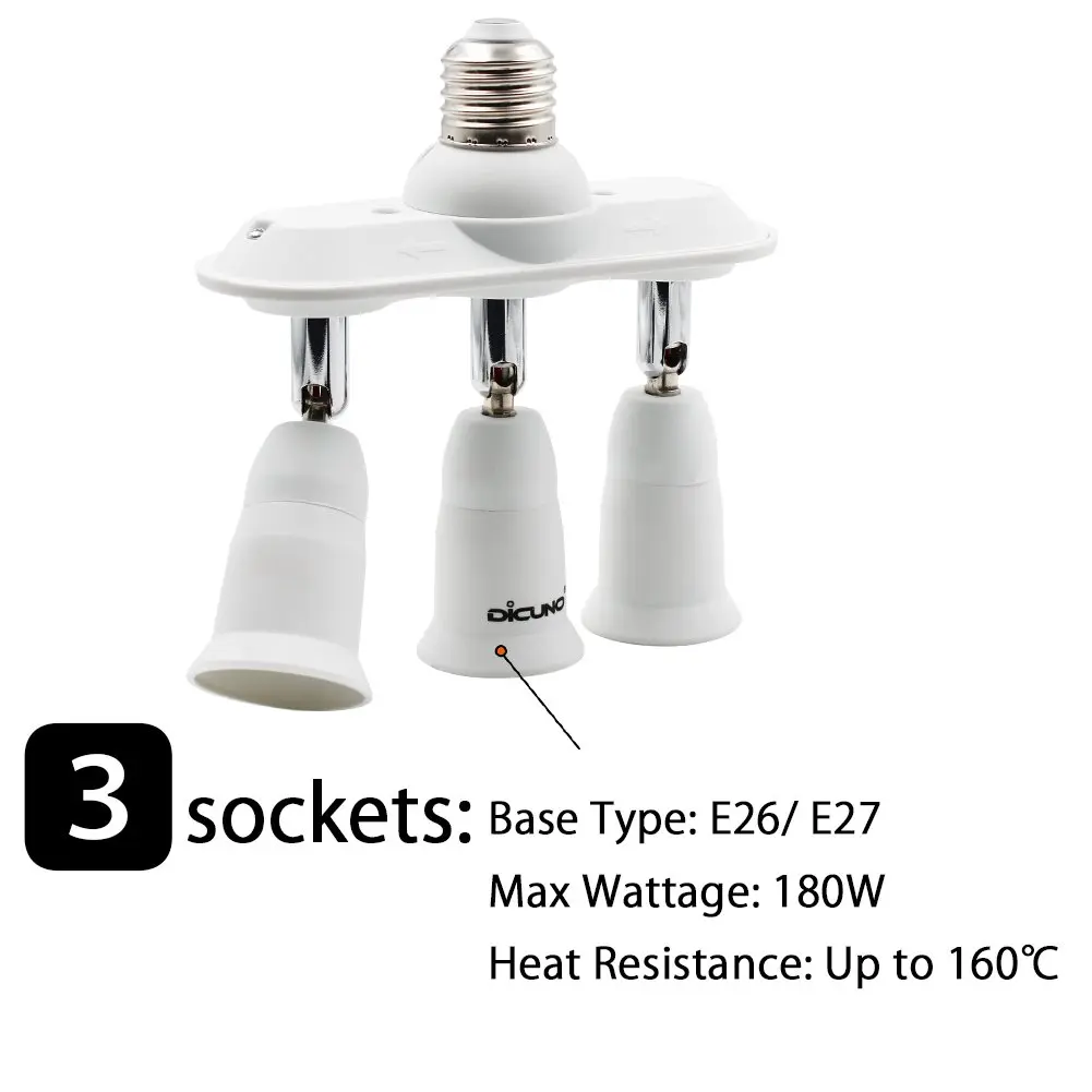 DiCUNO 3 Way E26 Light Socket Splitter Adapter, 180W Max, 100-240V | Adjustable Angle - view 3