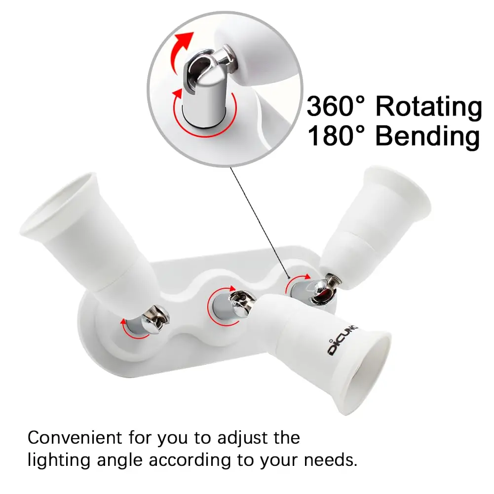 DiCUNO 3 Way E26 Light Socket Splitter Adapter, 180W Max, 100-240V | Adjustable Angle - view 4