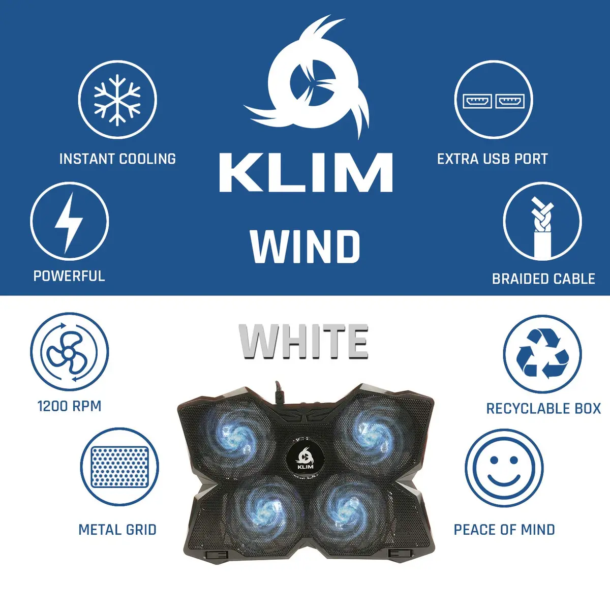 KLIM Wind Laptop Cooling Pad White 40.1cm x 27.2cm x 3.1cm (15.8" x 10.7" x 1.2") | Powerful Cooling for Laptops Up to 19" - view 3