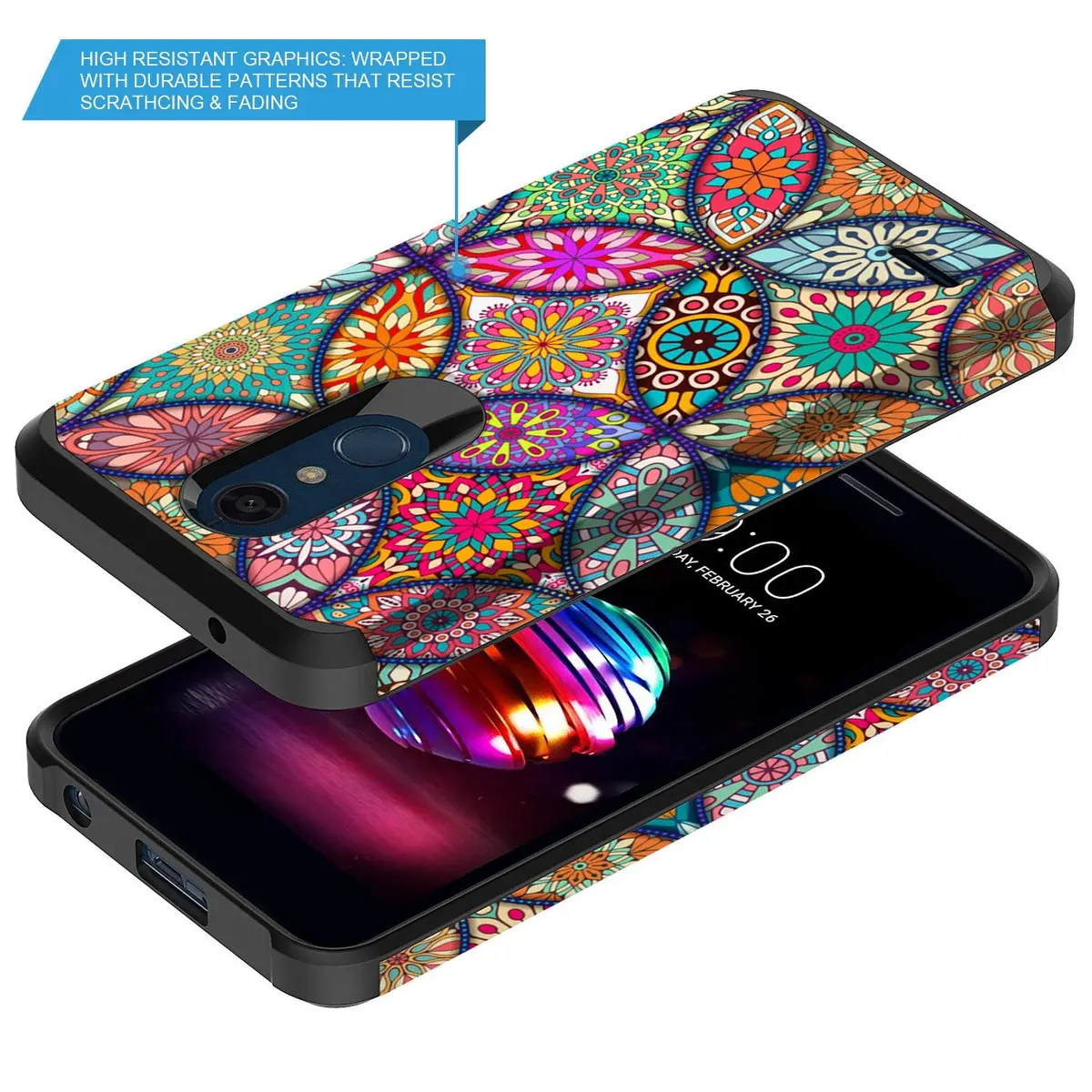 Rosebono Slim Hybrid Dual Layer Shockproof Armor Case for LG K30, K10 2018, Premier Pro LTE, Harmony 2, Phoenix Plus | Colorful Mandala - view 4